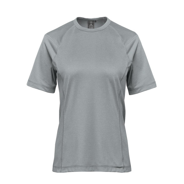 A short-sleeved women's T-shirt in a light green shade, featuring a logo on the front.