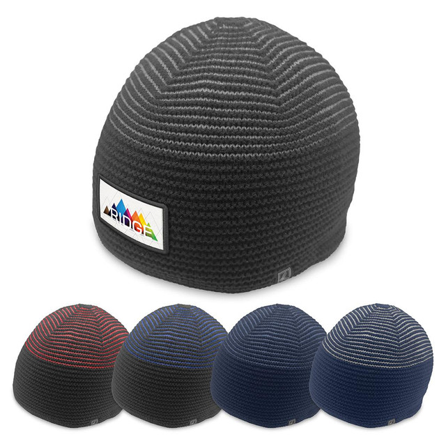 A collection of beanies in various colours, featuring a logo on one side, with a textured knit design.
