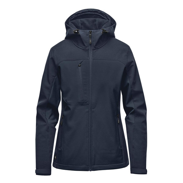 A women's navy softshell jacket with a hood, featuring zippered pockets and a logo.