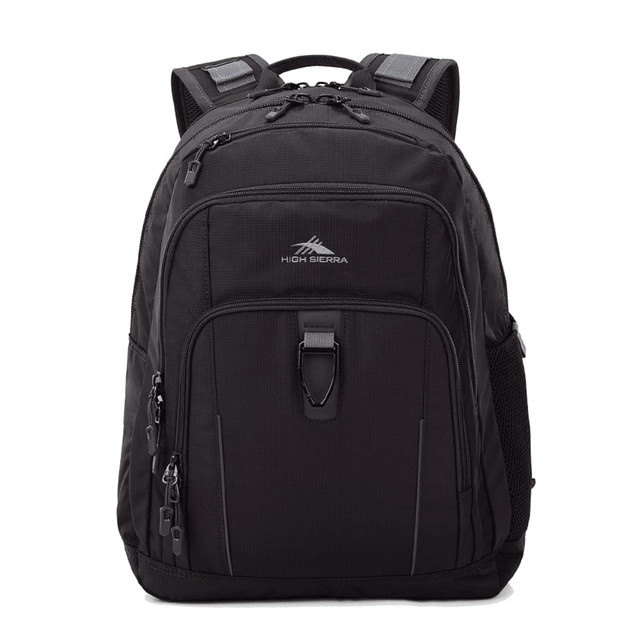 A black High Sierra Extension Backpack 39L featuring multiple pockets, zippers, and a logo.