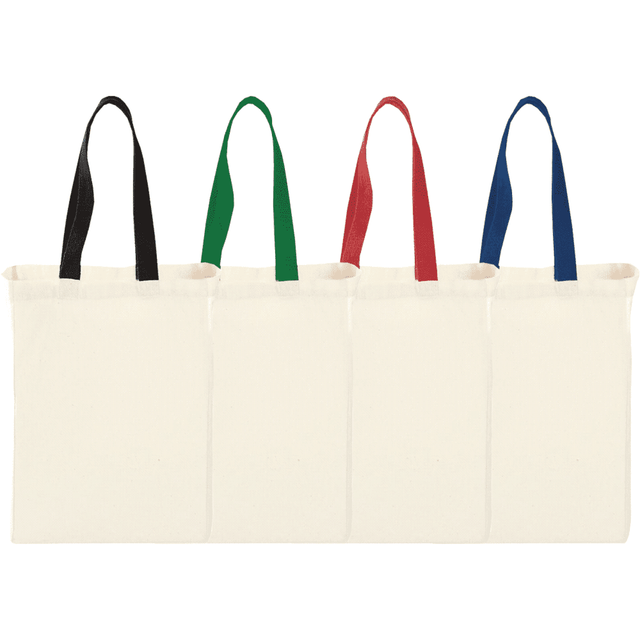 Natural cotton grocery totes in cream, featuring handles in black, green, red, and blue. Includes a logo.