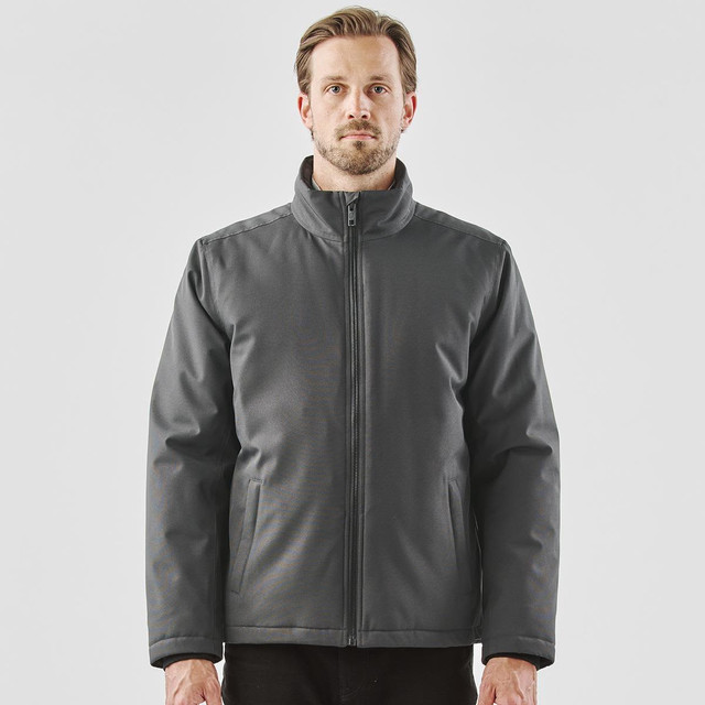 A men's thermal jacket in grey, featuring a zip closure and a stand-up collar. The jacket has a logo on it.