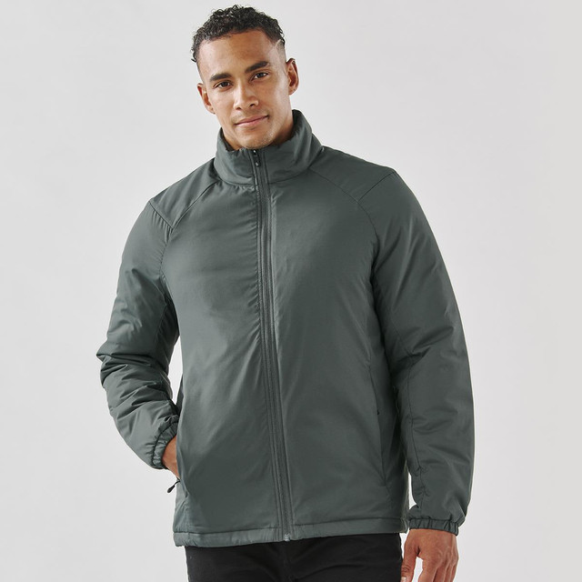 A men's Pacifica thermal jacket in a dark green colour, featuring a zip front and a tall collar. It has a logo on the chest.