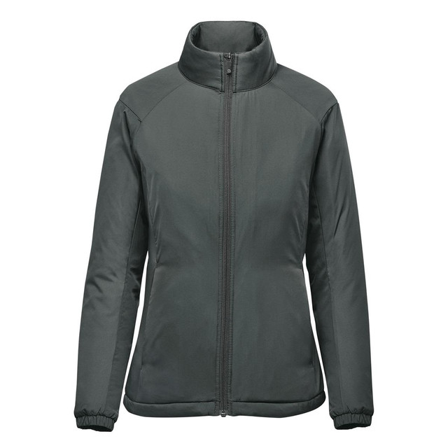 A women's thermal jacket in dark grey with a high collar and zippered front. Features a simple design and a logo.