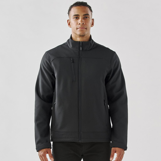 A men's softshell jacket in black, featuring a front zip and a branded logo on the chest.