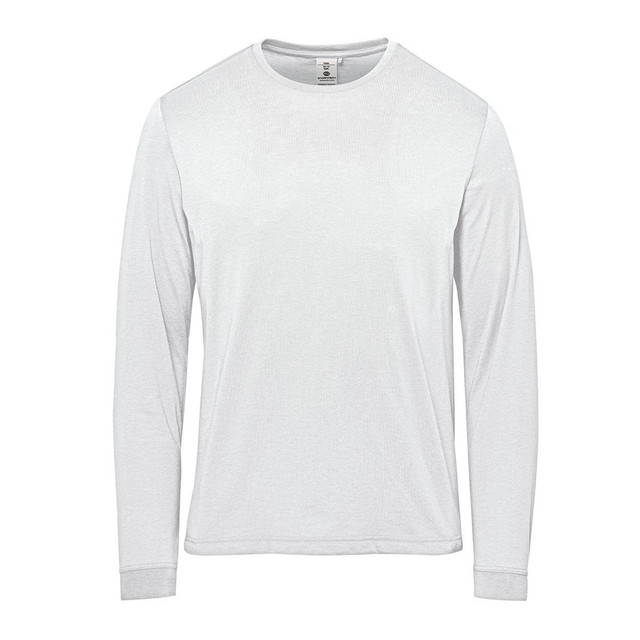 A long-sleeve white t-shirt with a simple design and a logo on the label.