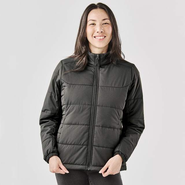 A black women's puffer jacket with a zip-up front and a classic design. It features a logo on the chest.