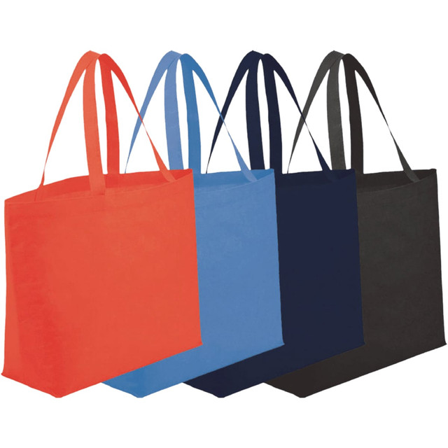 Four non-woven shopper tote bags in red, blue, navy, and black, featuring long handles and a logo.
