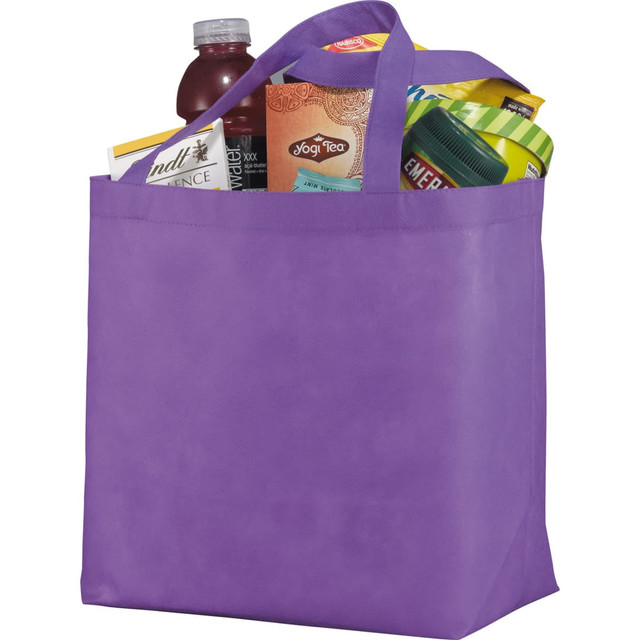 A purple non-woven shopper tote filled with various items, including a drink bottle and packaged products.
