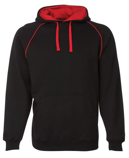 A black hoodie with contrasting red detailing on the hood and drawstrings, featuring a front pocket and a logo.