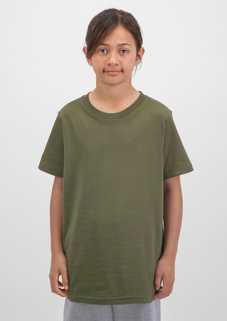 A kids' short sleeve tee in olive green, displayed on a young child standing against a neutral background.