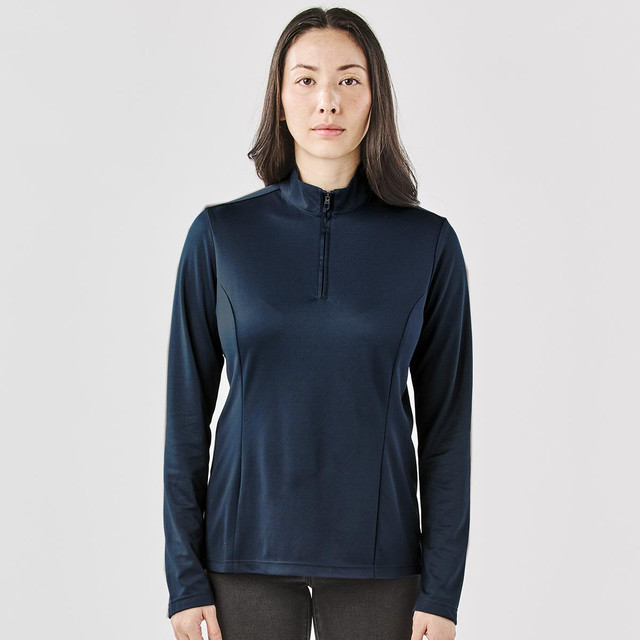 A navy women's pullover featuring a 1/4 zip and long sleeves, designed for casual wear. It has a logo.