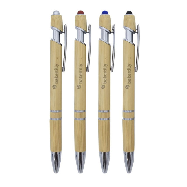 A set of four Napoli Bamboo Pens in natural bamboo with black, blue, red, and green ink options. Each pen features a silver clip and branding.