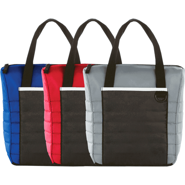 A quilted lunch cooler bag available in blue, red, and grey, featuring black accents and handles.