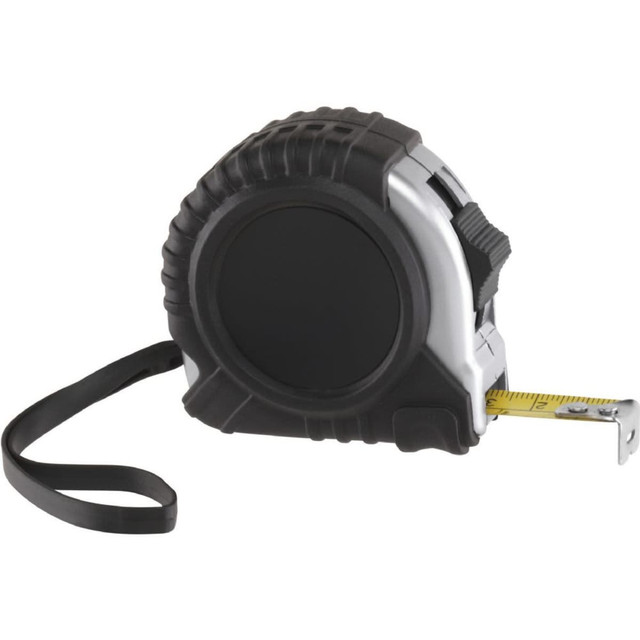 A black and silver locking tape measure with a retractable tape and a sturdy grip. It features a black branding logo.
