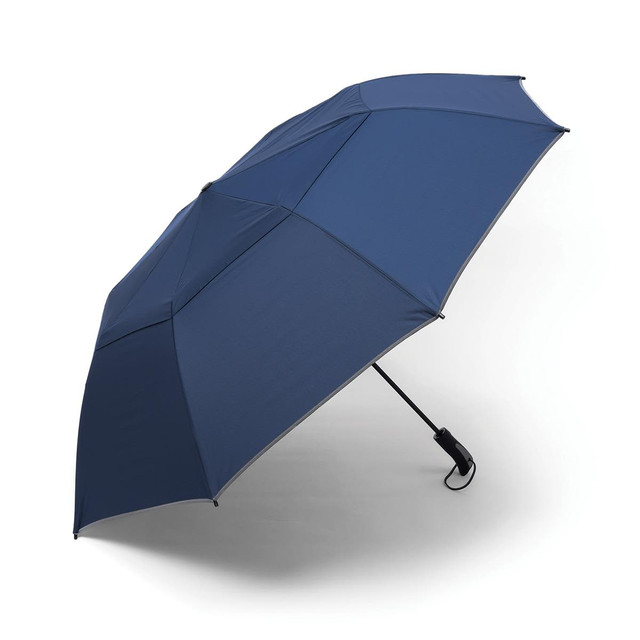 A navy blue compact umbrella with a black handle and a logo on the canopy.