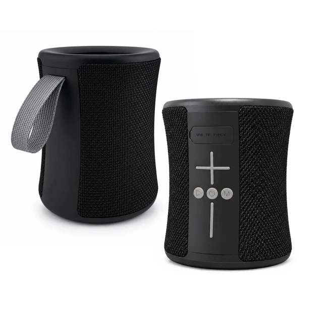 A compact black speaker with a textured exterior and a carrying strap, featuring control buttons on the front.