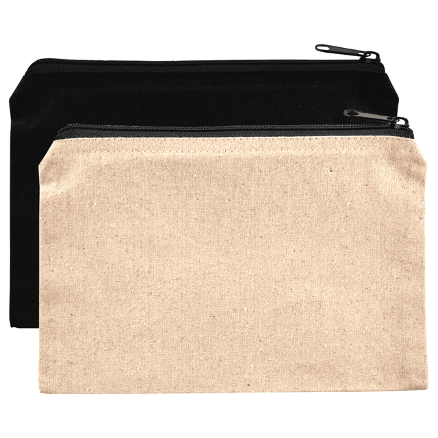 Two cotton travel pouches, one in black and the other in natural, featuring zip closures and a simple design.