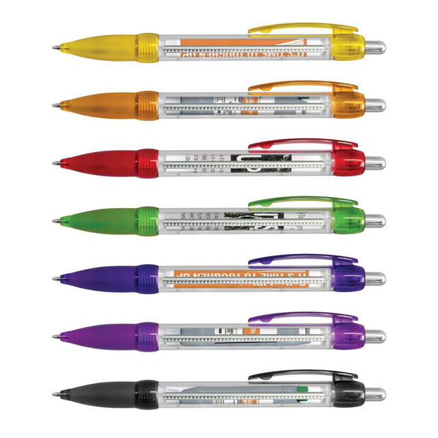 A collection of plastic pens in various colours: yellow, orange, red, green, purple, and black, featuring logos.