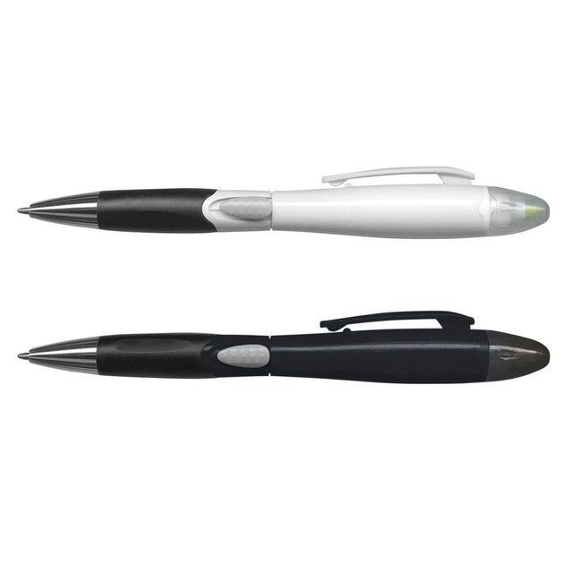 A plastic pen set featuring a white pen and a black pen, both with a sleek design and silver accents.
