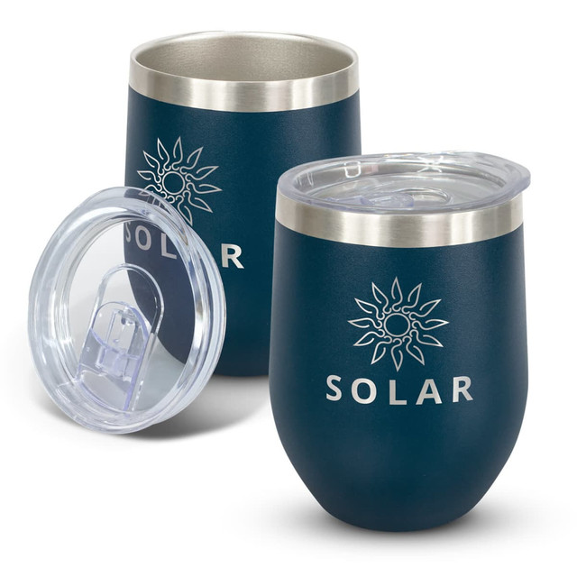 A drink bottle in navy blue with a stainless steel rim and lid, featuring a logo on the side.