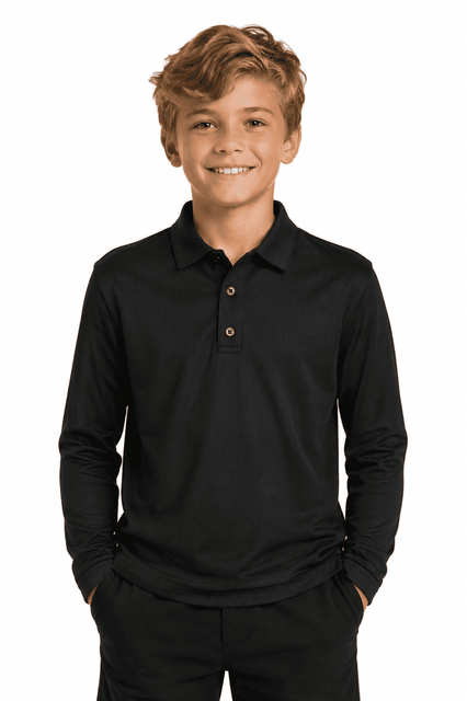 A black long-sleeve polo shirt for kids, featuring a collar and buttons, with a model smiling.