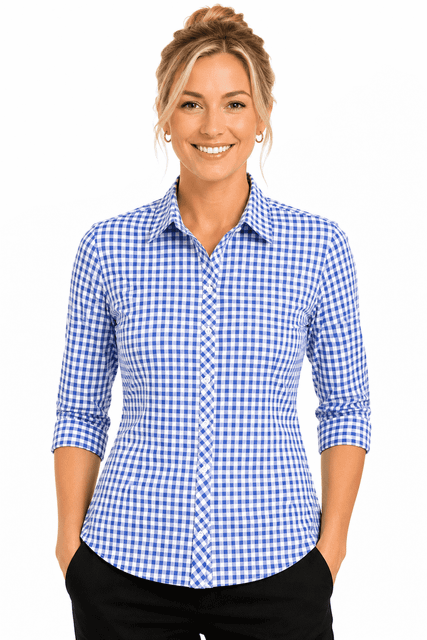 A blue and white check pattern button-up shirt with 3/4 sleeves and a fitted design, featuring a logo.