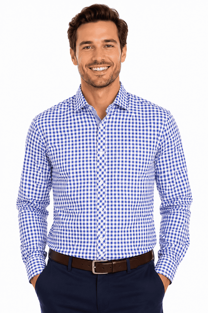 A long sleeve button-up shirt in blue and white gingham pattern, featuring a branded logo.