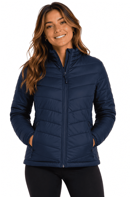 A navy blue women's jacket with a zip front and side pockets, featuring a branding logo.