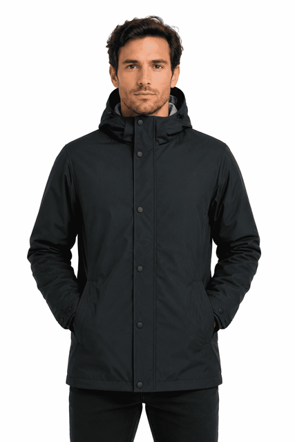 A black men's jacket with a hood, featuring a logo, and a front zip and button closure.
