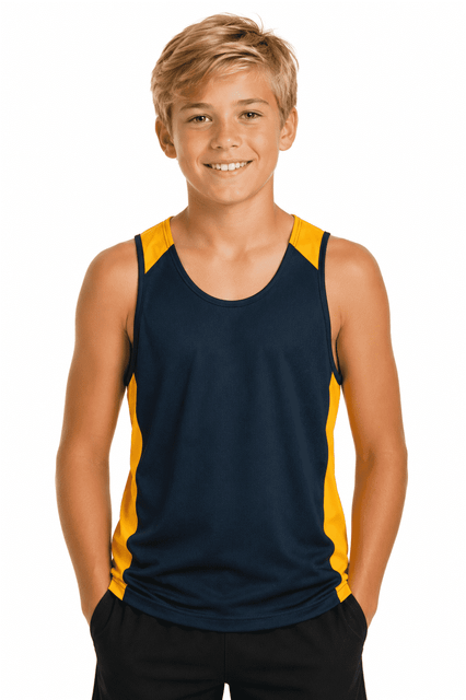 A navy and yellow singlet designed for kids, featuring a logo on the front.