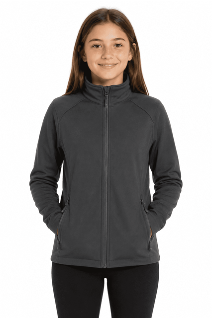 A soft shell jacket in dark grey, featuring a front zipper and side pockets, designed for kids.