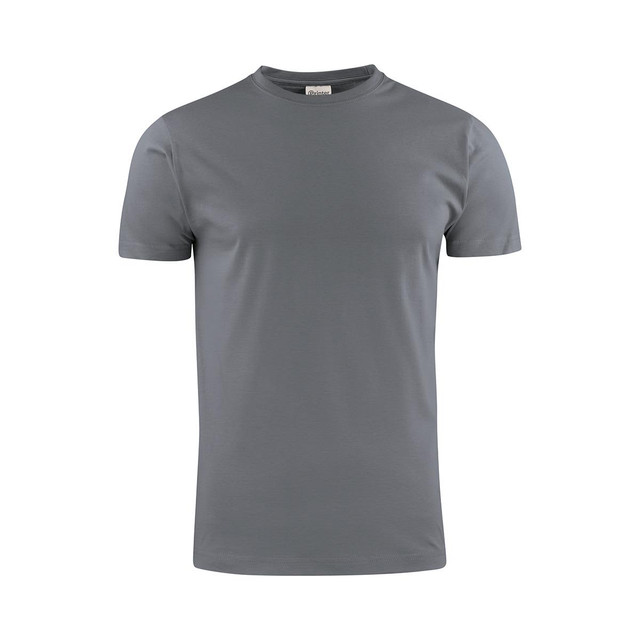 A grey men's t-shirt with a round neck and short sleeves. The shirt features a logo on the tag.