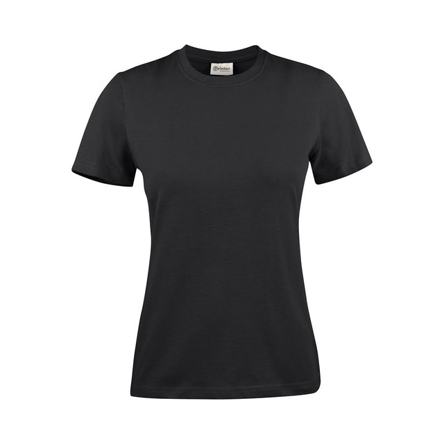 A black women's t-shirt with short sleeves and a round neckline. The shirt has a logo on it.