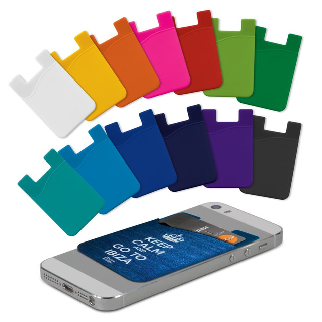 A collection of silicone phone wallets in multiple colours, displayed alongside a smartphone.