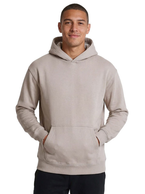 A beige men's hoodie with a kangaroo pocket and a hood, featuring a logo on the front.