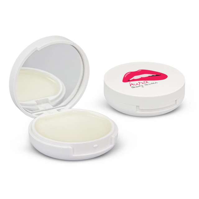 A compact mirror with a white casing and a lip balm inside, featuring a pink lips design.