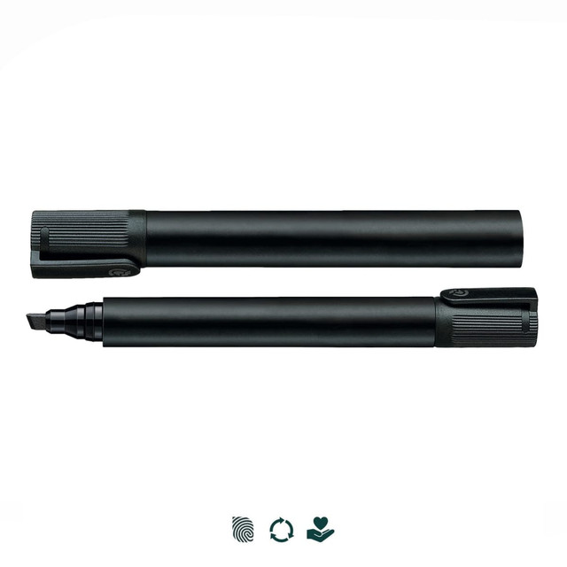 A black Staedtler Lumocolor permanent marker with a chisel tip, featuring a textured grip and a branding logo.