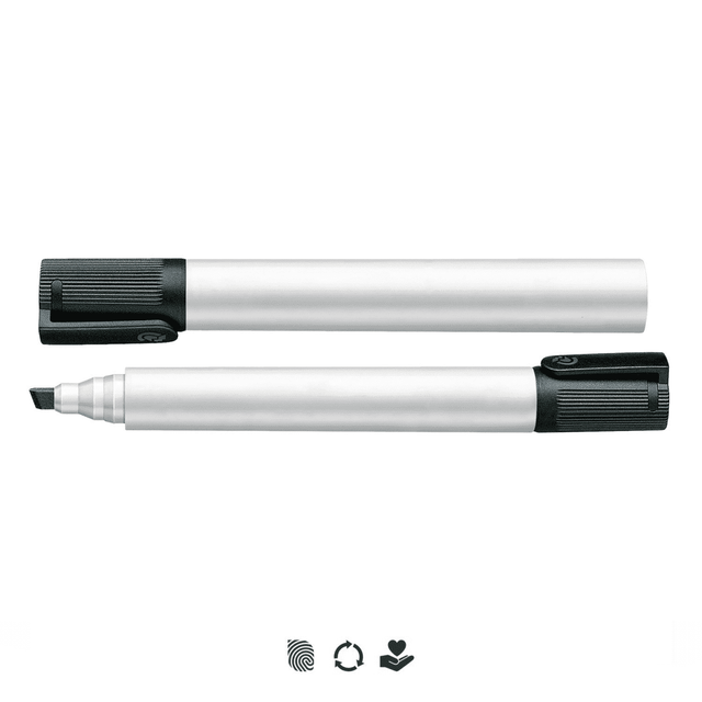 A Staedtler Lumocolor whiteboard marker with a chisel tip in silver and black, featuring a textured grip.