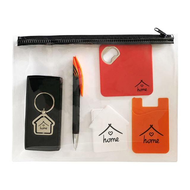 A clear zip pouch containing a black keyring, an orange pen, a red card, and two white cards featuring house designs.