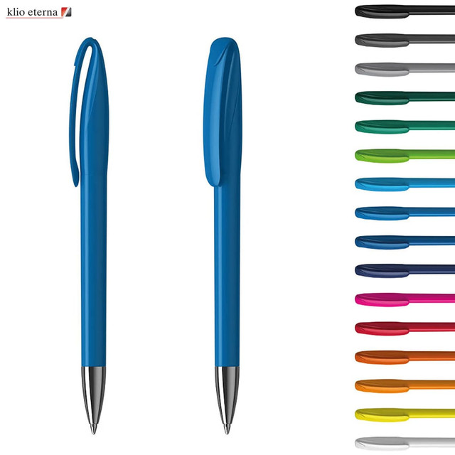 A blue plastic pen with a sleek design and a silver tip, alongside a variety of other coloured pens.