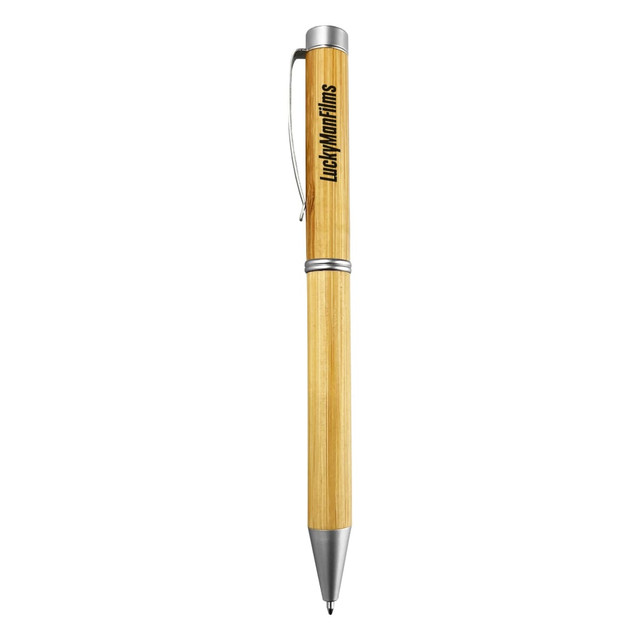 A bamboo pen with a metallic tip and clip, featuring a logo on the barrel.