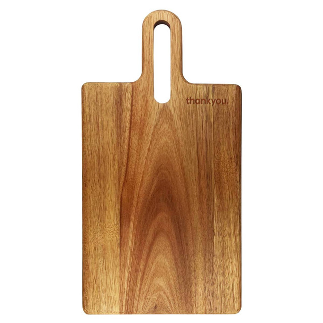 A wooden cheeseboard with a smooth finish and a handle, featuring a small logo.