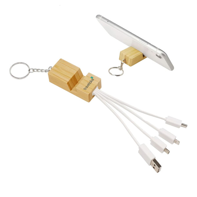 A bamboo phone stand featuring a key ring and multiple charging cables in white, with a logo on the stand.