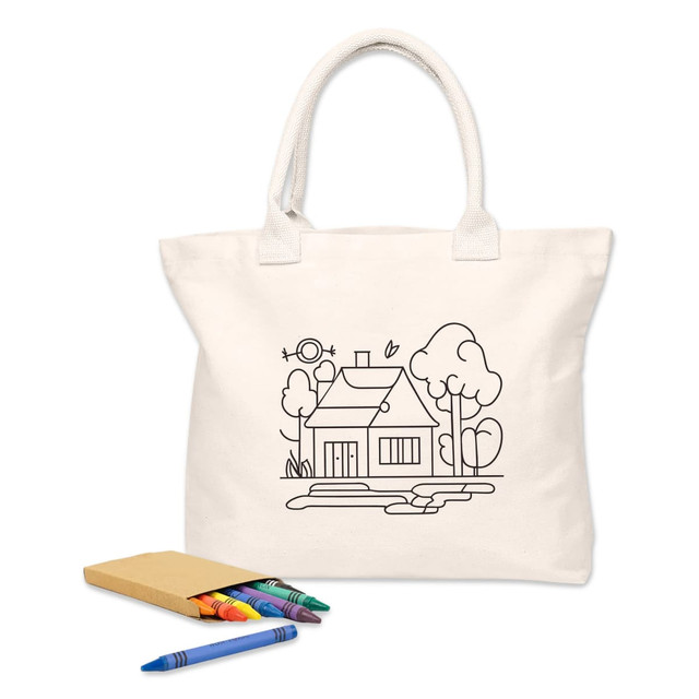 A natural-coloured reusable grocery bag with a colouring design featuring a house, trees, and a sun, alongside crayons.