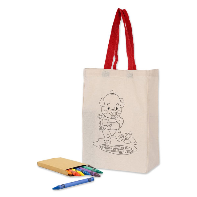 A calico trade show bag in natural colour with red handles, accompanied by a box of crayons and a colouring page.