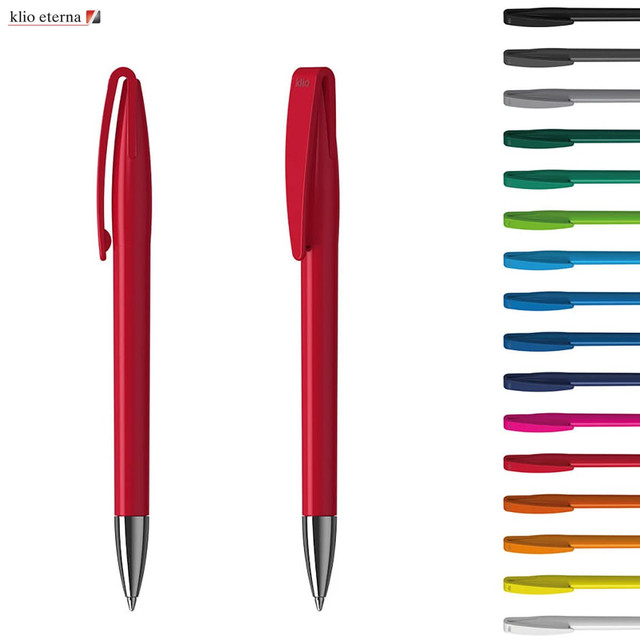 A metal pen in vibrant red with a sleek design, featuring a clip and a shiny silver tip. The image includes various colour options.