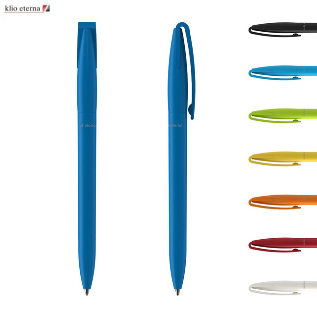A blue plastic pen with a matching clip, alongside pens in various colours, including green, orange, and black.