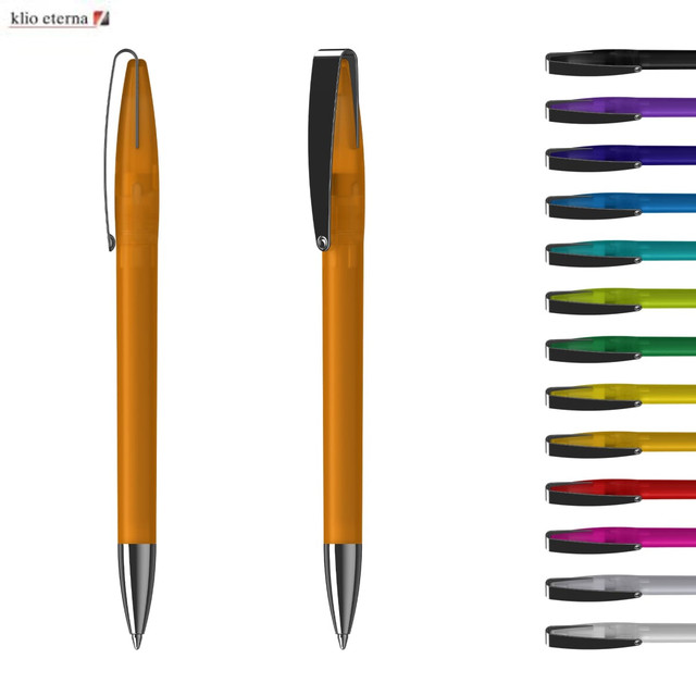 A metal pen in vibrant orange with a black clip, alongside a selection of ink colour options.