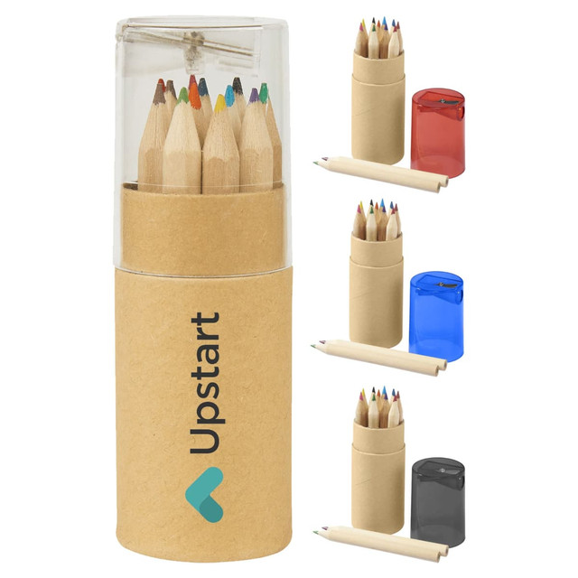 A tube containing coloured pencils in various hues, with a transparent cap and multiple colour options for the tube.